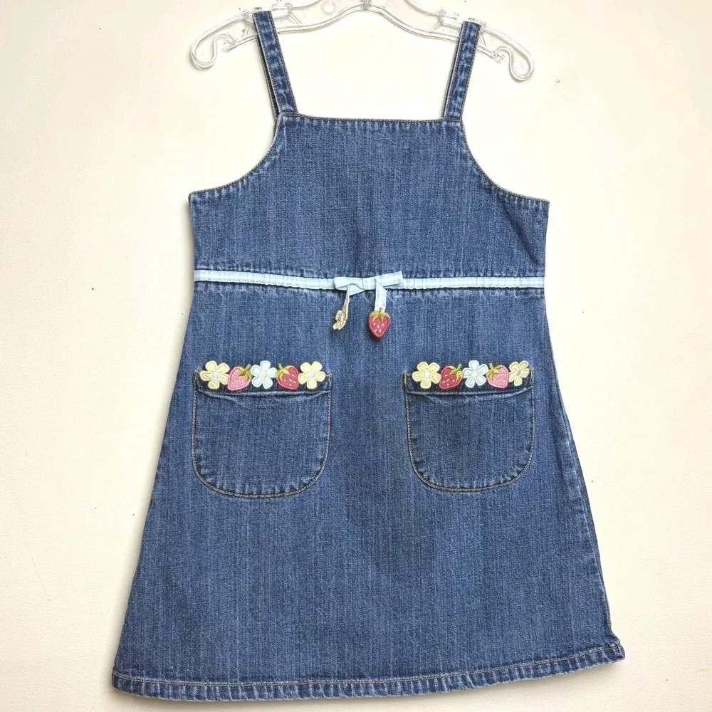Gymboree Vinyage 2003 Strawberry Patch Denim Dress Jumper Ribbon Girls Sz 5
